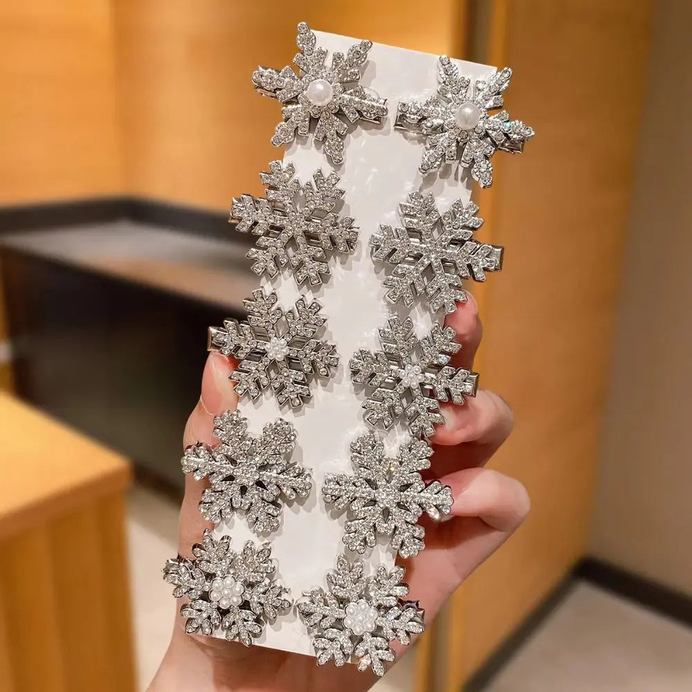 Rhinestone Snowflake Hair Clips Silver Korean Barrettes 10pcs Hair Barrette Set PLUSH