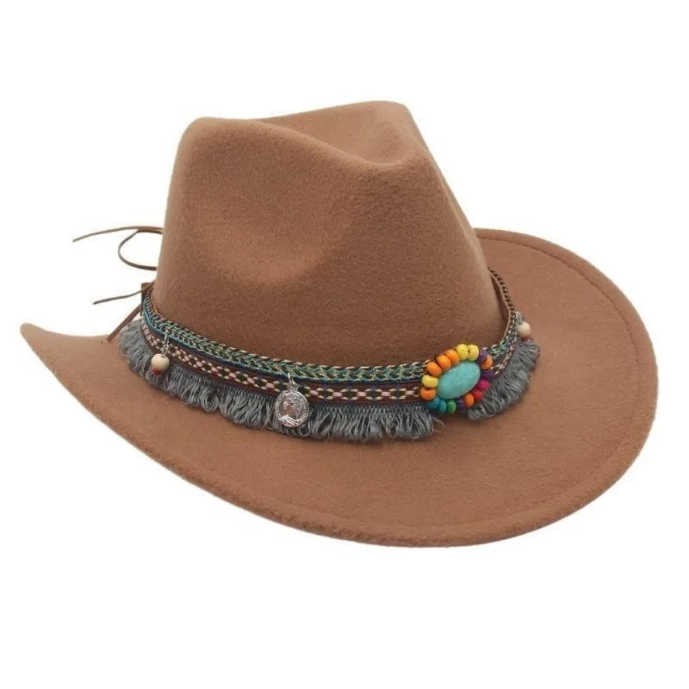 Wide Brim Western Cowboy Hat with Tassels – Unisex Cosplay Western Cowboy Hat PLUSH Khaki