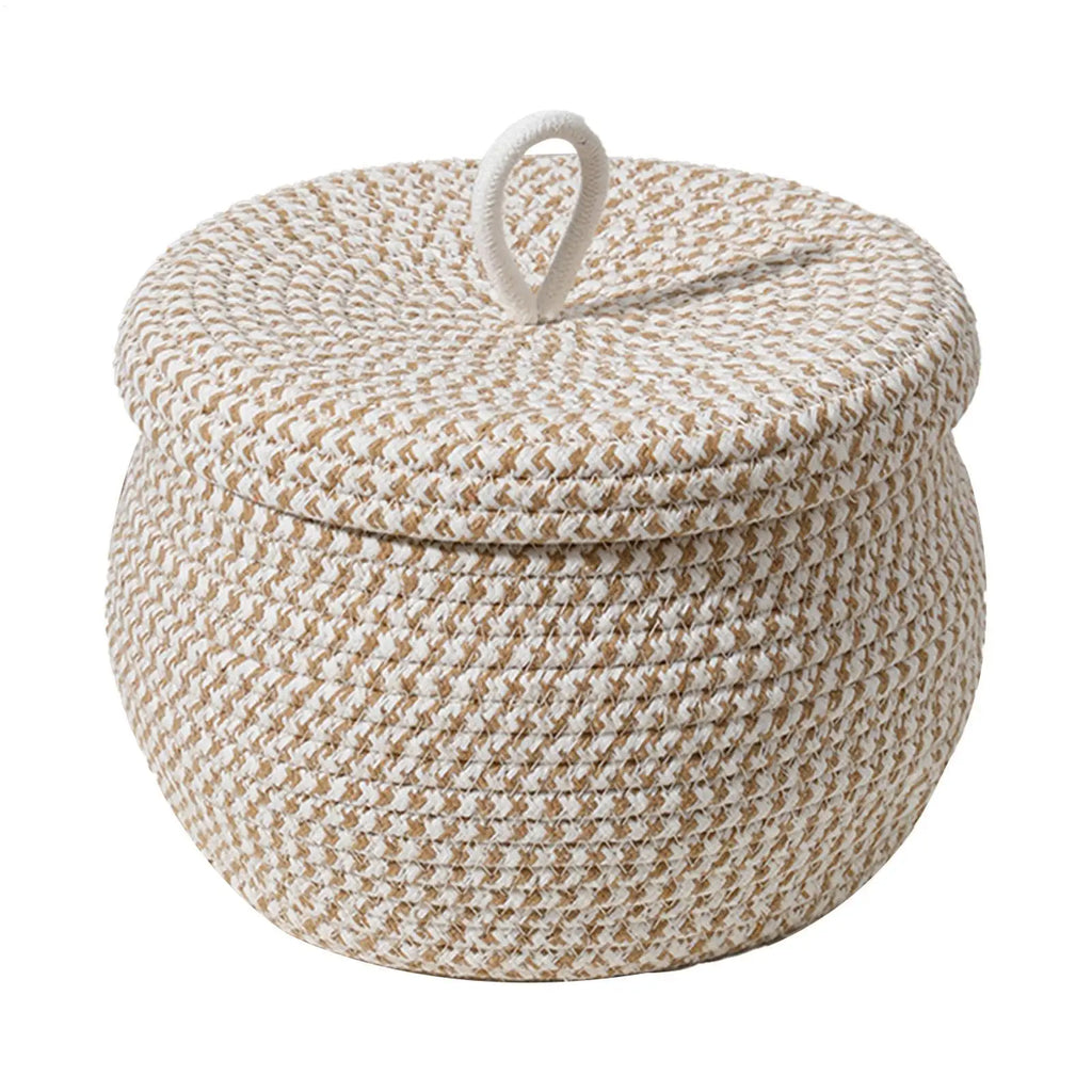 Cotton Rope Storage Basket with Lid – White Woven Organizer Woven Storage Basket PLUSH
