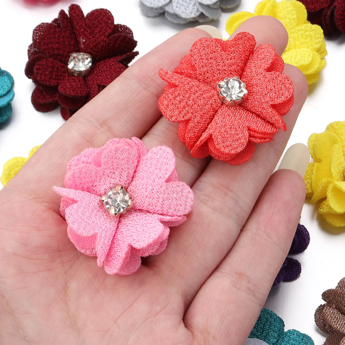 10pcs Fabric Flower Rhinestone Appliques – DIY Hair Clip Brooch Fabric Flower Appliques PLUSH