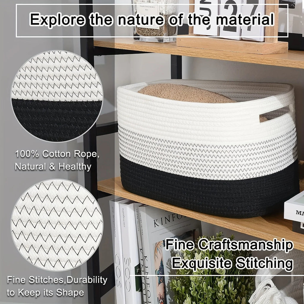 Woven Cotton Rope Storage Basket with Handles – Rectangular Woven Storage Basket PLUSH