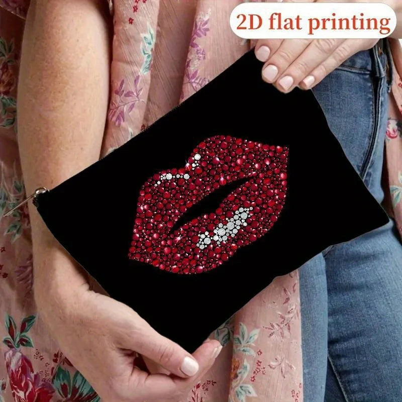 Red Sequin Lip Print Makeup Bag – Zipper Pouch for Women Makeup Cosmetic Bag PLUSH