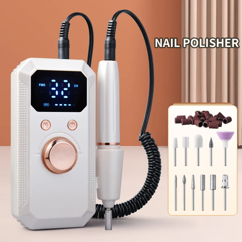 Rechargeable Electric Nail Polisher Kit – 11 Heads & 20 Straps Electric Nail Polisher PLUSH WHITE USB Type-C