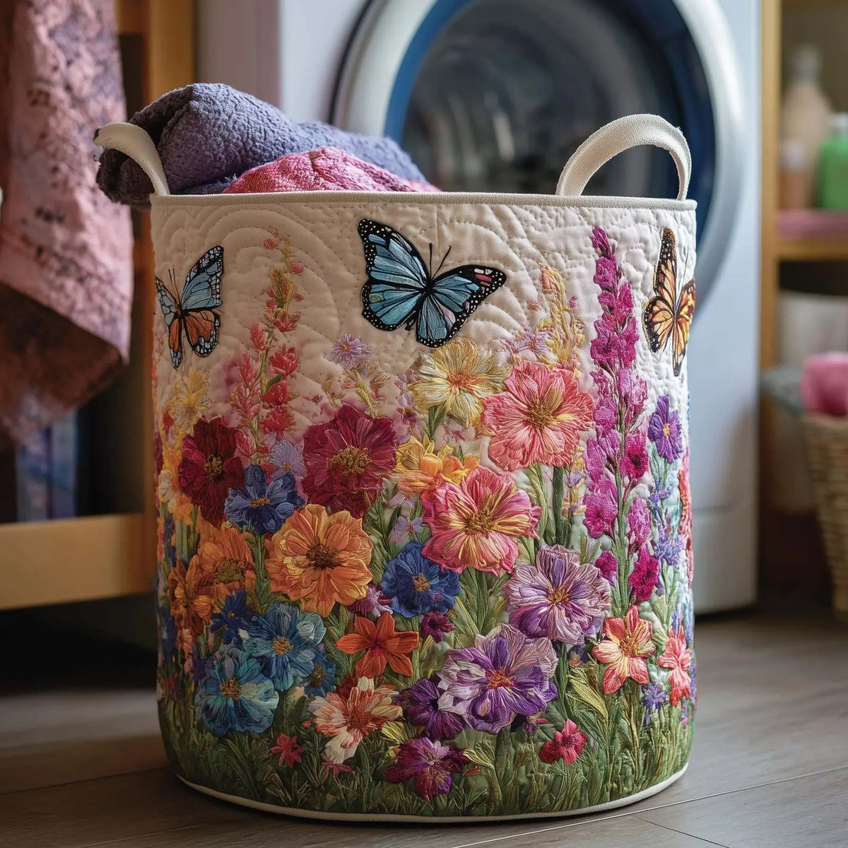 Vintage Floral Quilted Storage Basket with Handle | 18x14in Storage Basket PLUSH