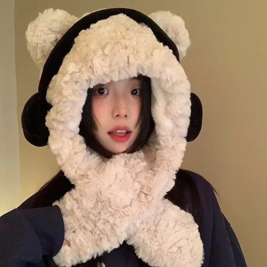 Women's Bear Ear Hat & Scarf Set – Fleece Lined Winter Hood Winter Hat Scarf Set PLUSH