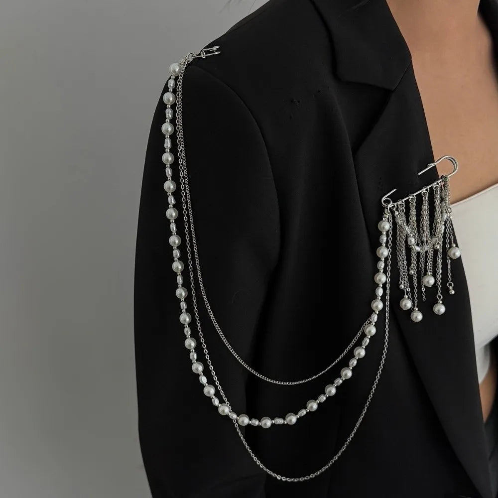 White Pearl Tassel Multi-Layer Chain Brooch | Zinc Alloy Fashion Brooch PLUSH
