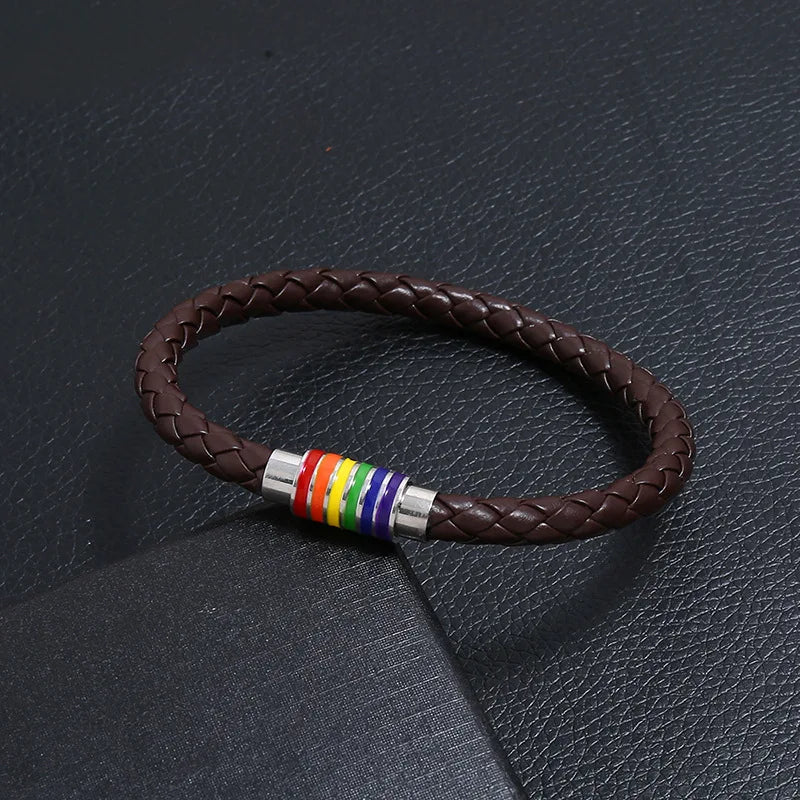 Rainbow Braided Leather Bracelet – Magnetic Buckle Unisex Bangle Leather Charm Bracelet PLUSH