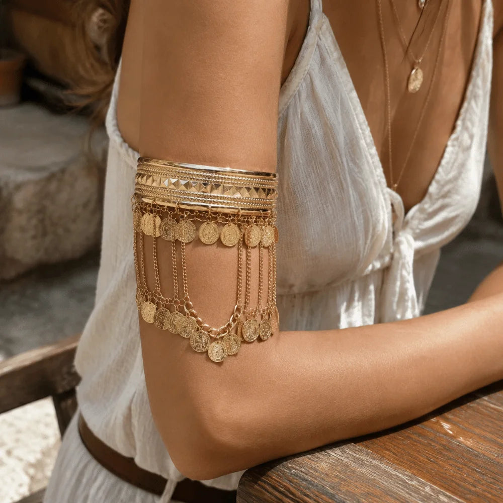 Boho Gold Tassel Arm Cuff Bangle – Adjustable Coin Leaf Armlet Arm Cuff Bangle PLUSH