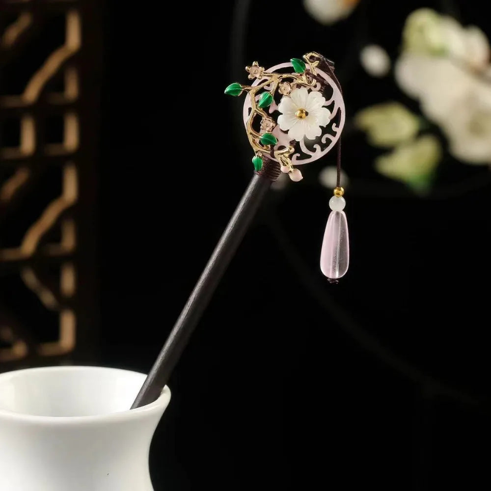 Wooden Chinese Hair Stick Vintage Flower Tassel Hairpin Fork Hair Stick Hairpin PLUSH Style 13