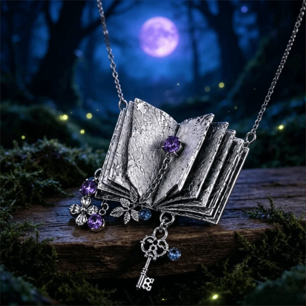 Antique Book Pendant Necklace – Floral Leaf Key Charm Pendant Necklace PLUSH