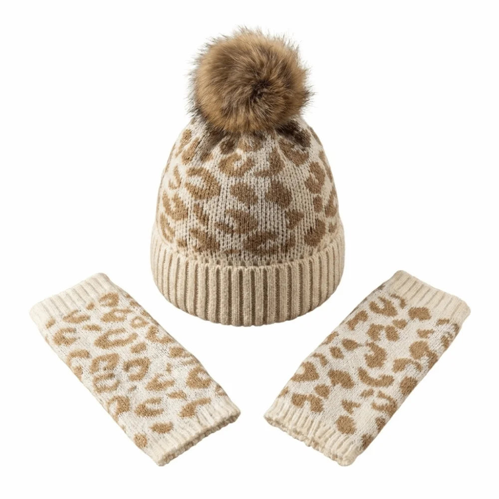 Women's Leopard Print Knit Beanie & Mittens Set – 2 Pcs Beanie & Mittens Set PLUSH