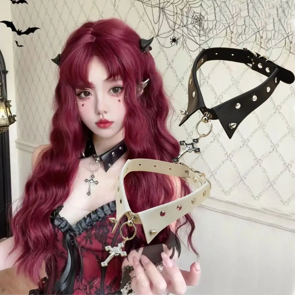 PU Leather Gothic Punk Studded Choker – Cross Pendant Necklace Gothic Choker Necklace PLUSH