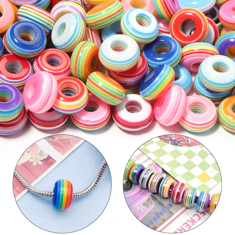 50pcs Rainbow Stripe Resin Flat Big Hole Spacer Beads – DIY Resin Spacer Beads PLUSH