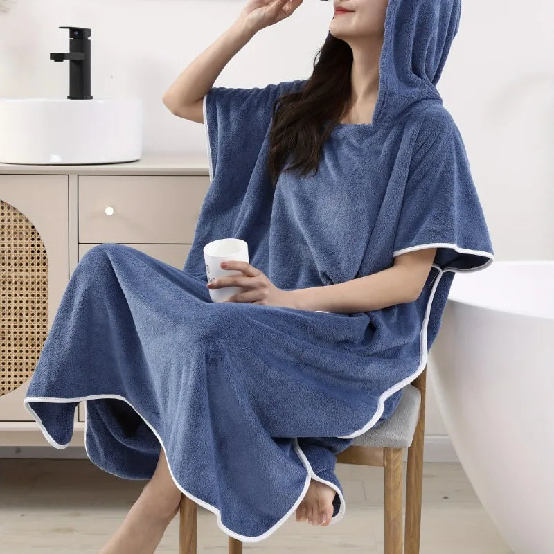 Women's Hooded Coral Fleece Bathrobe – Soft Absorbent Spa Robe Hooded Bathrobe PLUSH