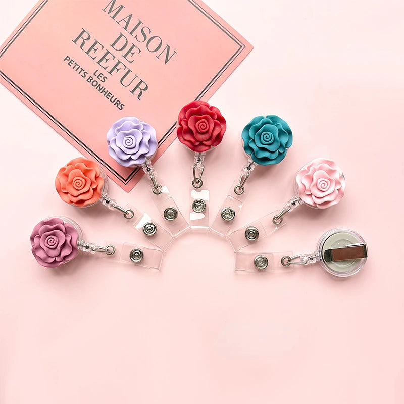 3D Rose Retractable Badge Reel – Floral ID Card Holder Clip Badge Reel Holder PLUSH