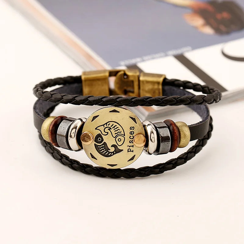 Retro Zodiac Constellation Leather Charm Bracelet – 12 Signs Leather Charm Bracelet PLUSH