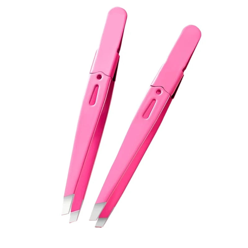 Pink Stainless Steel Slant-Tip Eyebrow Tweezers | Precision Eyebrow Tweezers PLUSH Rose Red 2 PCS