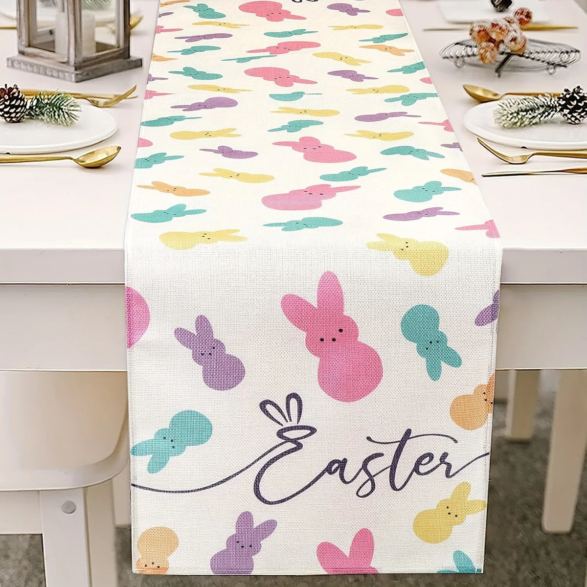 Easter Tablecloth Egg & Rabbit Print – Indoor Outdoor Runner Easter Table Runner PLUSH