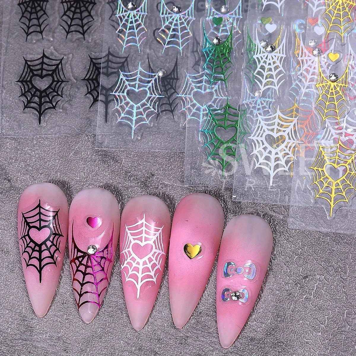 Halloween Spider Web Nail Decals – 5pcs Rhinestone Stickers Nail Art Stickers PLUSH