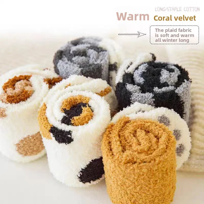 Women's Plush Coral Fleece Cat Paw Socks – 10pc Winter Set Plush Fleece Socks PLUSH