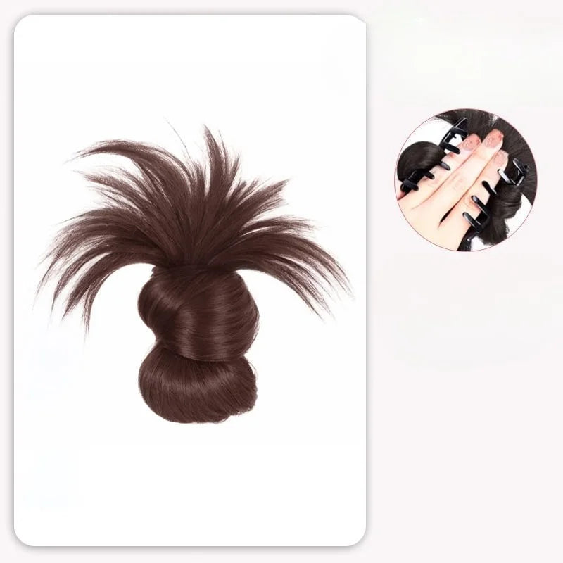 Synthetic Half-Tie Hair Bun Claw Clip Floral Accents Pink Black Clip-On Hair Bun PLUSH Dark Brown 1Pc