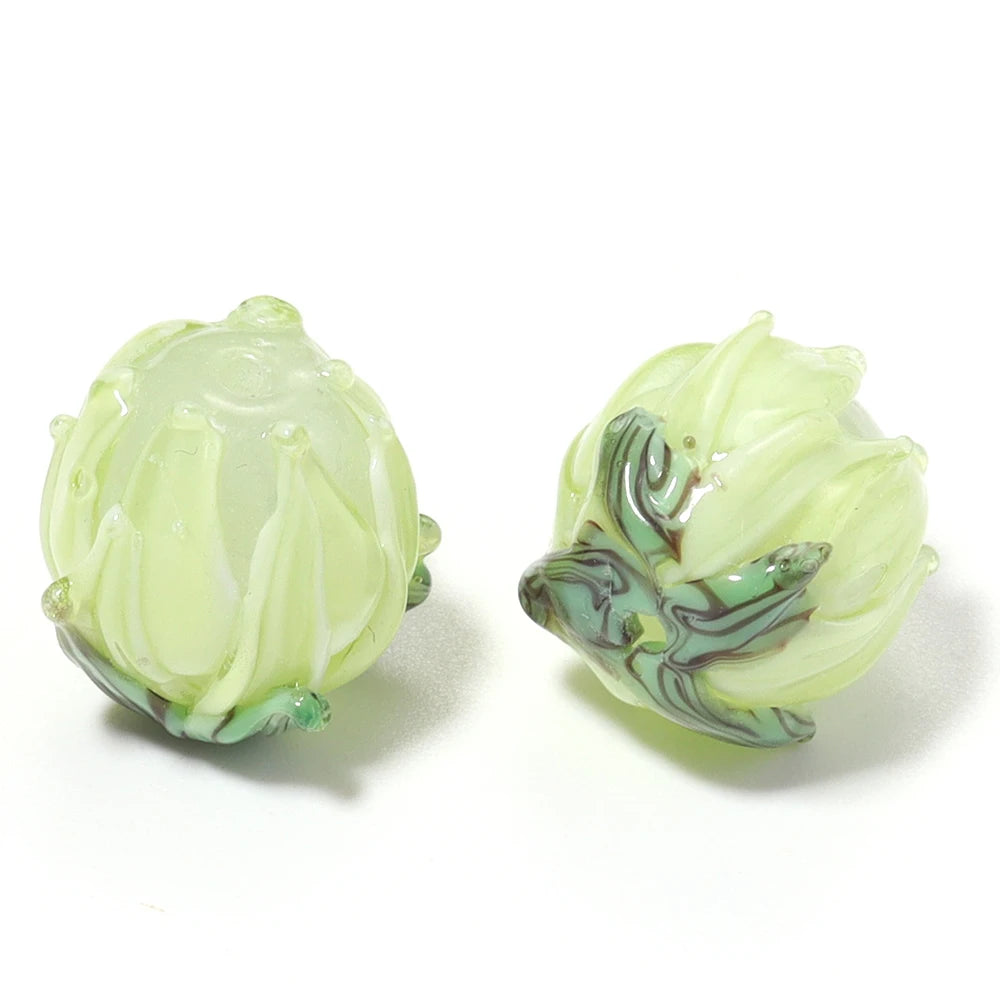 Tulip Lampwork Glass Spacer Beads – Multicolor DIY Jewelry Lampwork Glass Beads PLUSH light green x 2pcs