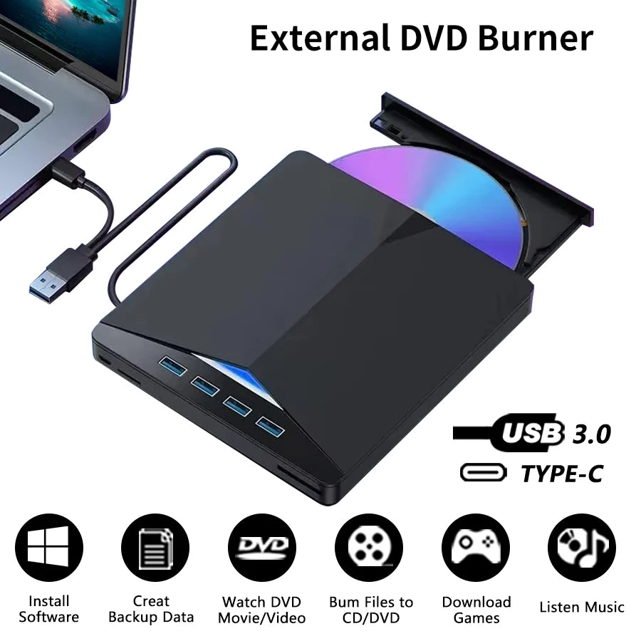 GGBEE 7-in-1 External DVD Drive USB 3.0 CD Burner & Card Reader External Optical Drive PLUSH