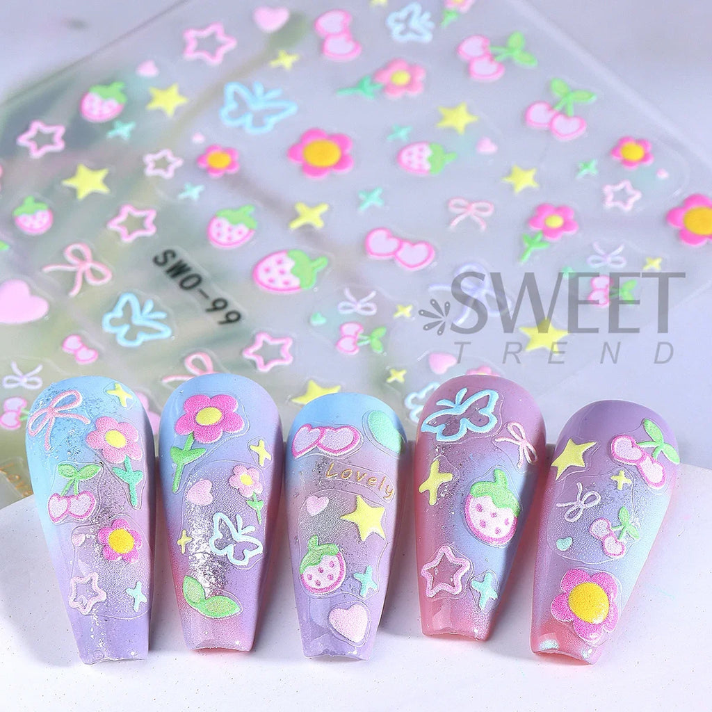 3D Nail Art Stickers – Flower Bow Cherry Butterfly Decals 2pcs Nail Art Stickers PLUSH