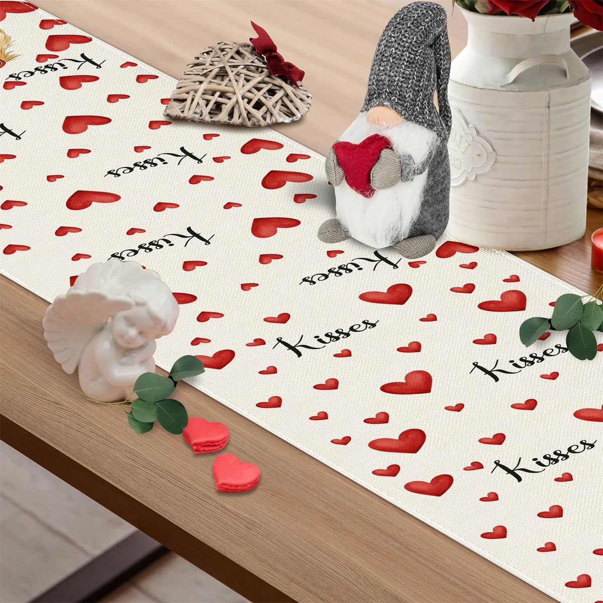 Valentine's Day Table Runner – Kiss & Puppy Heart | 3 Sizes Holiday Table Runner PLUSH
