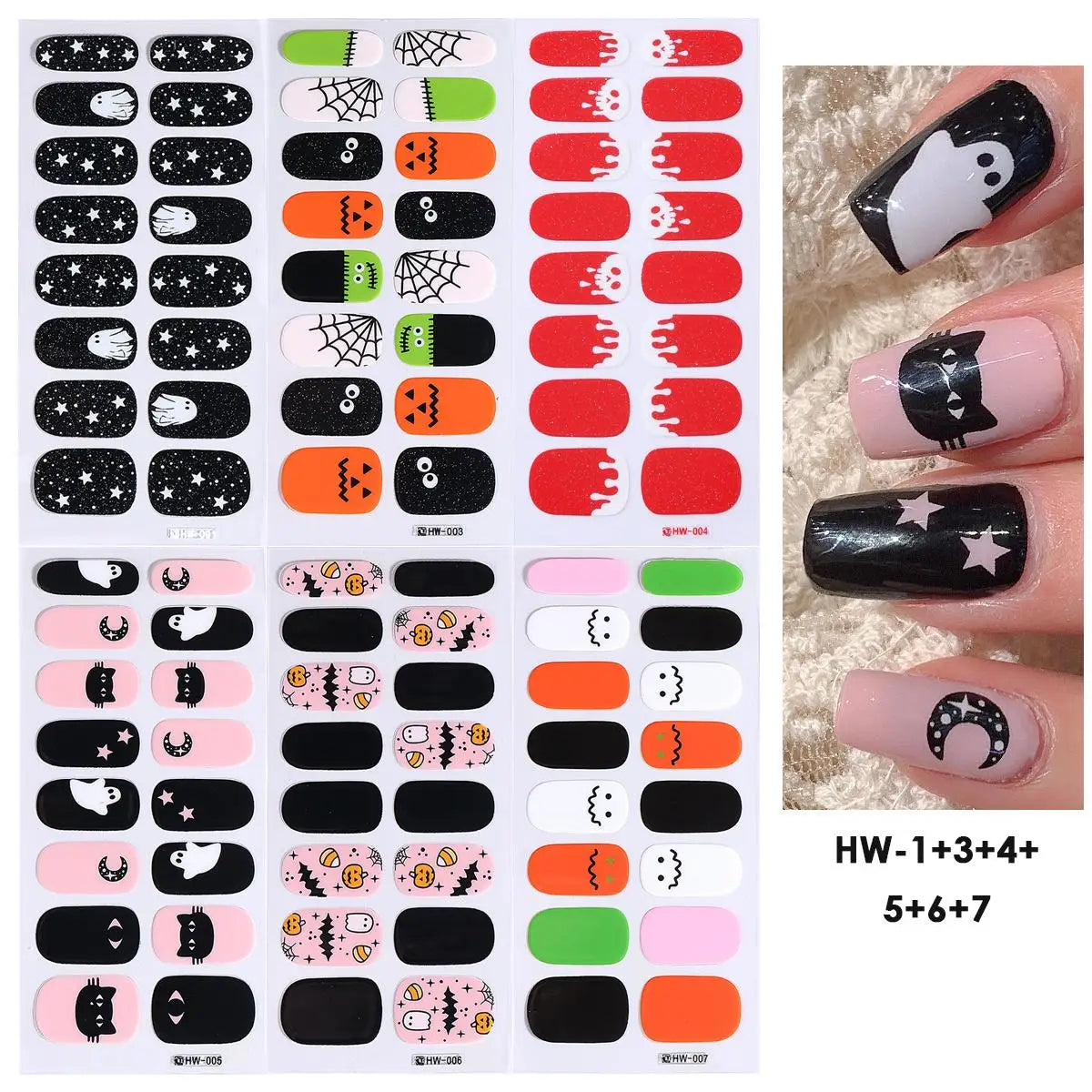 Halloween Gel Nail Strips | Black Cat Ghost Pumpkin Bat – 6pc Gel Nail Strips PLUSH HW-1 3 4 5 6 7