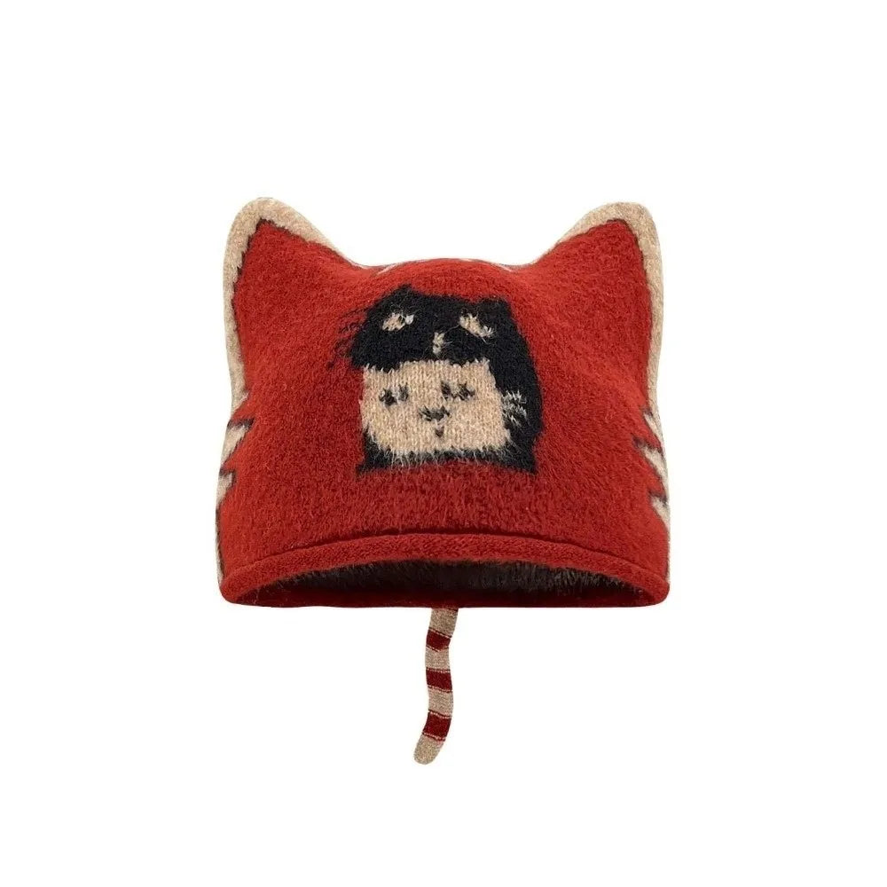 Kawaii Cat Ear Beanie – Cute Knit Winter Cap for Women Knit Beanie Hat PLUSH Dark Red