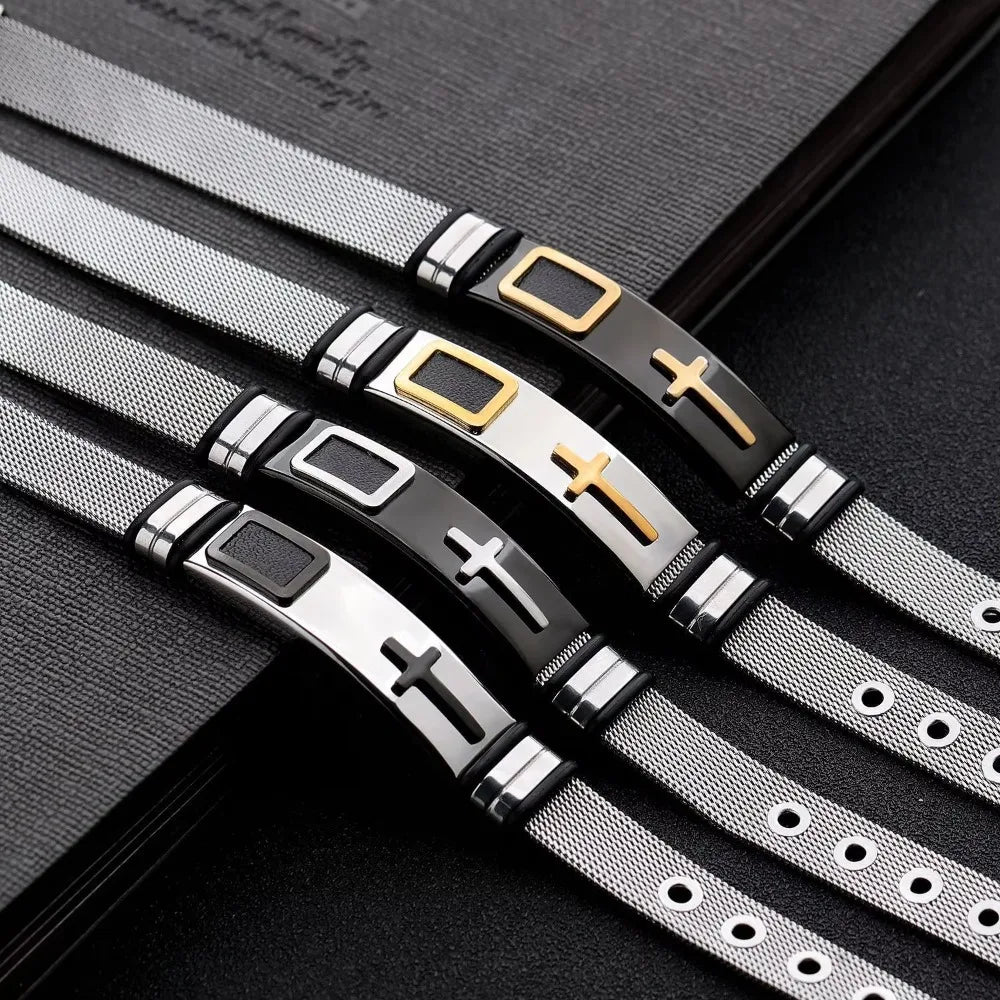 Stainless Steel Cross Bangle – Adjustable Religious Bracelet Religious Bangle Bracelet PLUSH
