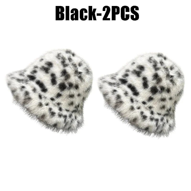 Women's Puffy Faux Fur Bucket Hat | Leopard Print Winter Hat Faux Fur Bucket Hat PLUSH Black-2PCS