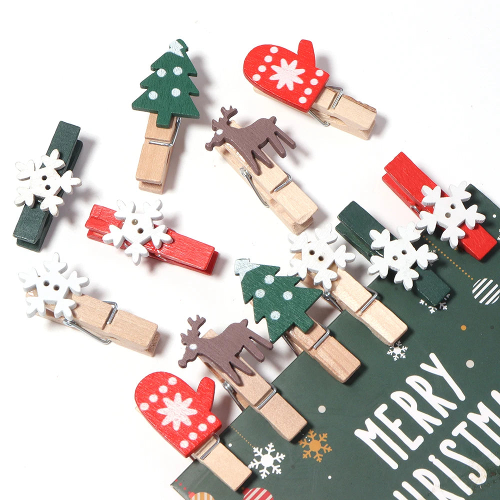 20pcs Christmas Wooden Mini Clips – Xmas Tree Snowflake Reindeer Holiday Wood Clips PLUSH
