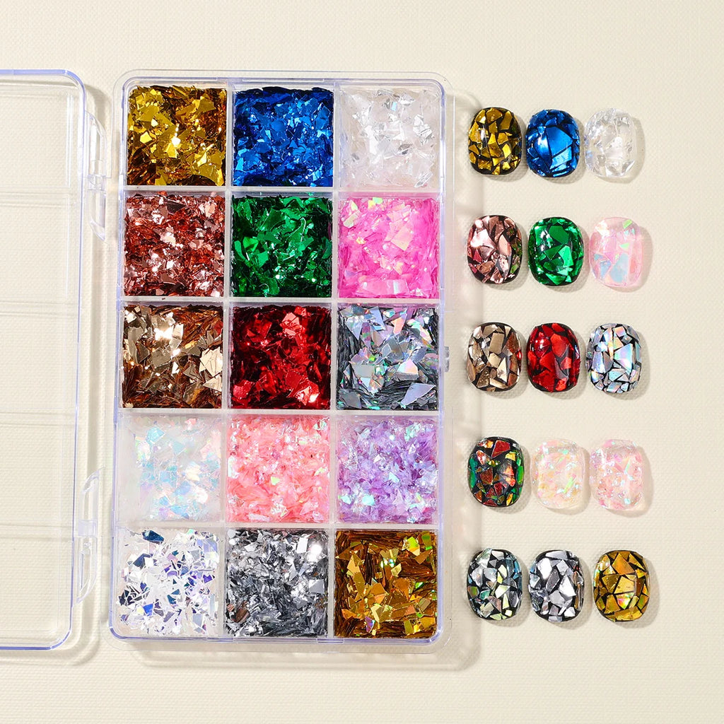 15-Grid Iridescent Broken Glass Nail Glitter Flakes | Aurora Sequins Nail Art Glitter PLUSH FA192