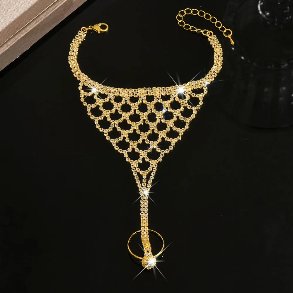 Rhinestone Tassel Multi-Layer Adjustable Finger Bracelet Finger Bracelet PLUSH Gold