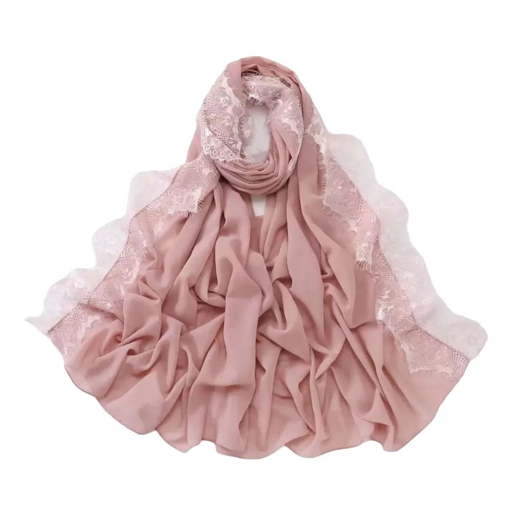 Women's Chiffon Hijab Scarf – Soft Lace Trim Long Shawl Wrap Hijab Head Scarf PLUSH Light Pink