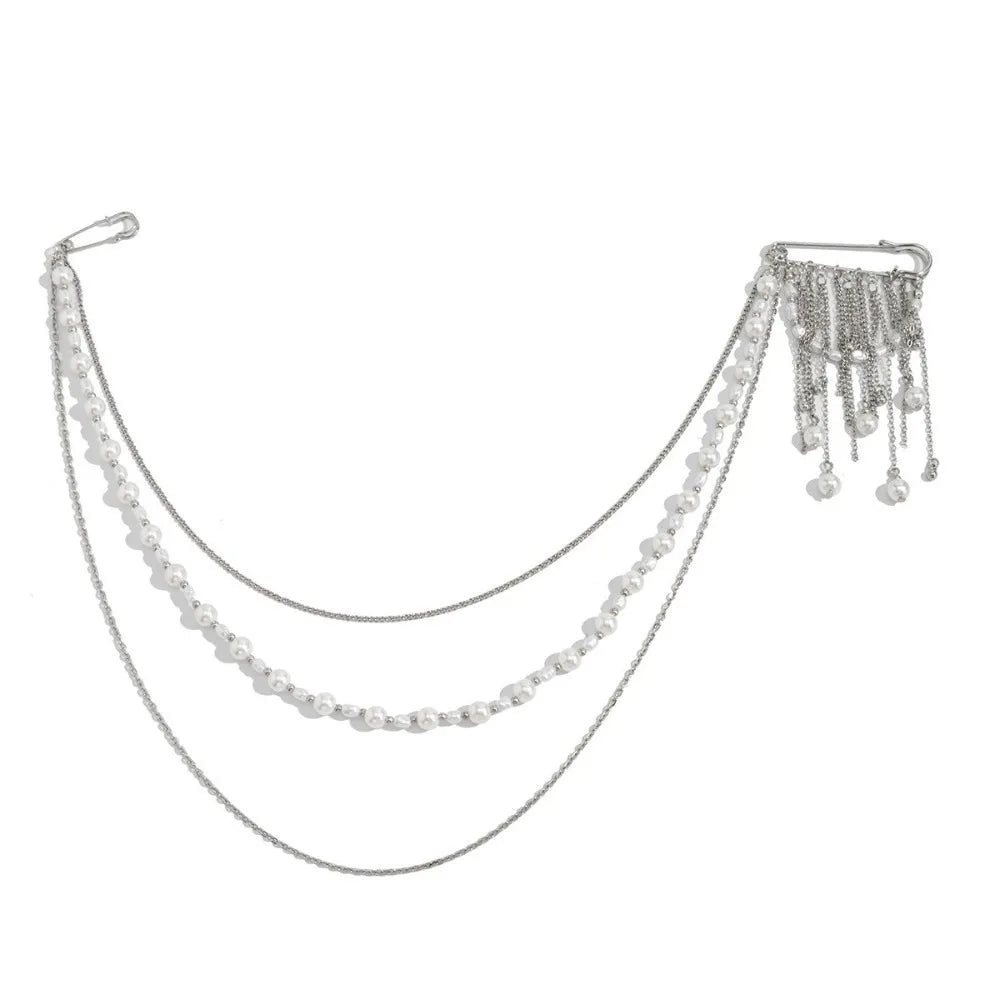 White Pearl Tassel Multi-Layer Chain Brooch | Zinc Alloy Fashion Brooch PLUSH White