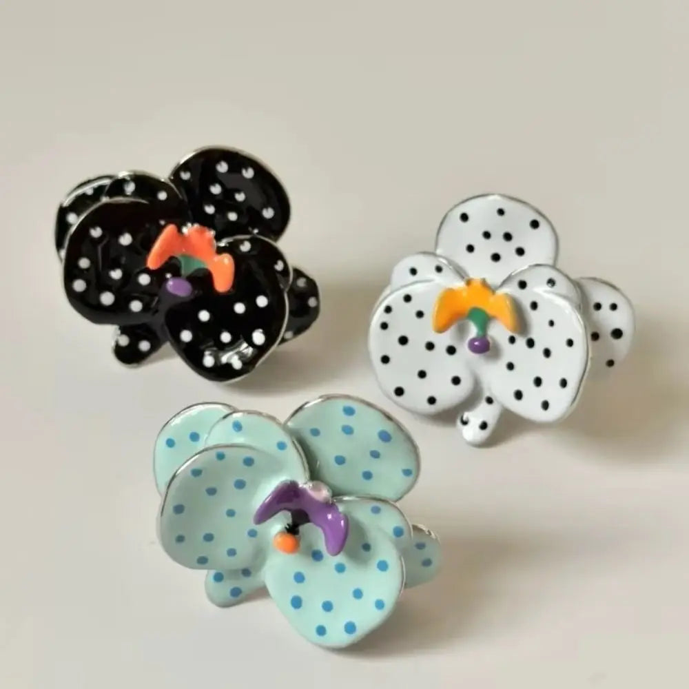 Hand-Enameled Flower Stacking Ring | Orchid Polka Dot Bat Design Enamel Fashion Ring PLUSH