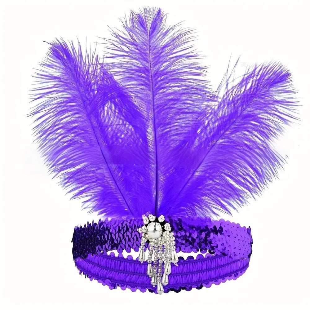Vintage 1920s Feather Headband – Sequin Rhinestone Headpiece Feather Headband PLUSH Purple
