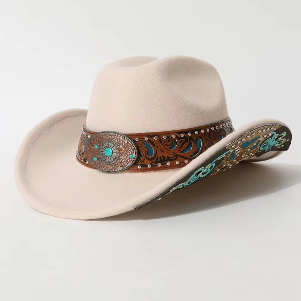 Western Cowboy Hat Turquoise Decor Wide Brim Cowgirl Fedora Western Cowgirl Hat PLUSH Beige