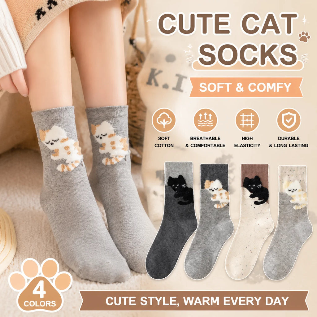 Women's Cute Cat Mid-Calf Stacked Socks – Korean Style Set Mid-Calf Socks PLUSH