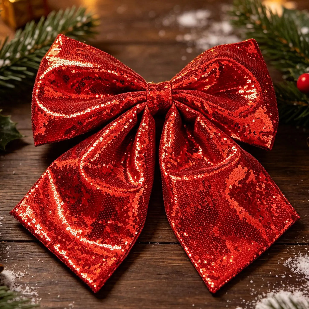 Large Glitter Sequin Christmas Tree Topper Bow – Red & Silver Christmas Tree Bow PLUSH
