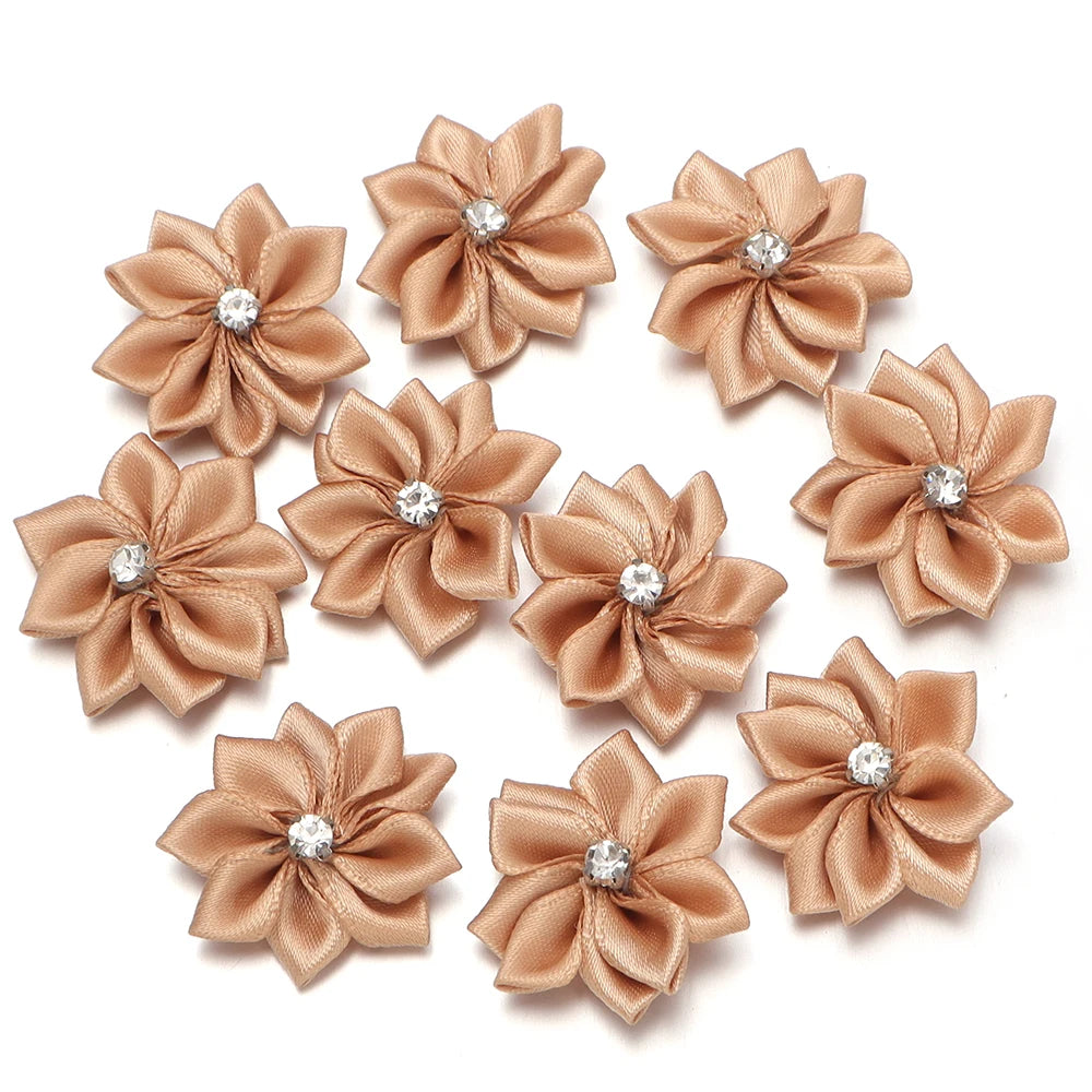 10pcs 3cm Satin Ribbon Flowers Rhinestone 9-Petal DIY Craft Fabric Flower Appliqué PLUSH Brown