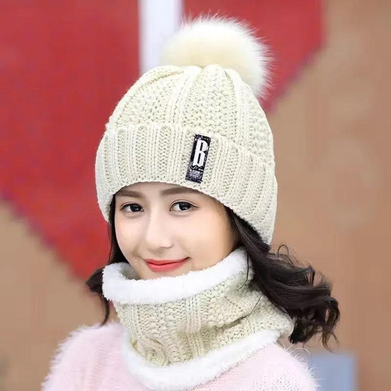 Women's Winter Knit Hat & Scarf Set – Padded Ear Protection Winter Hat Scarf Set PLUSH White 3PCS