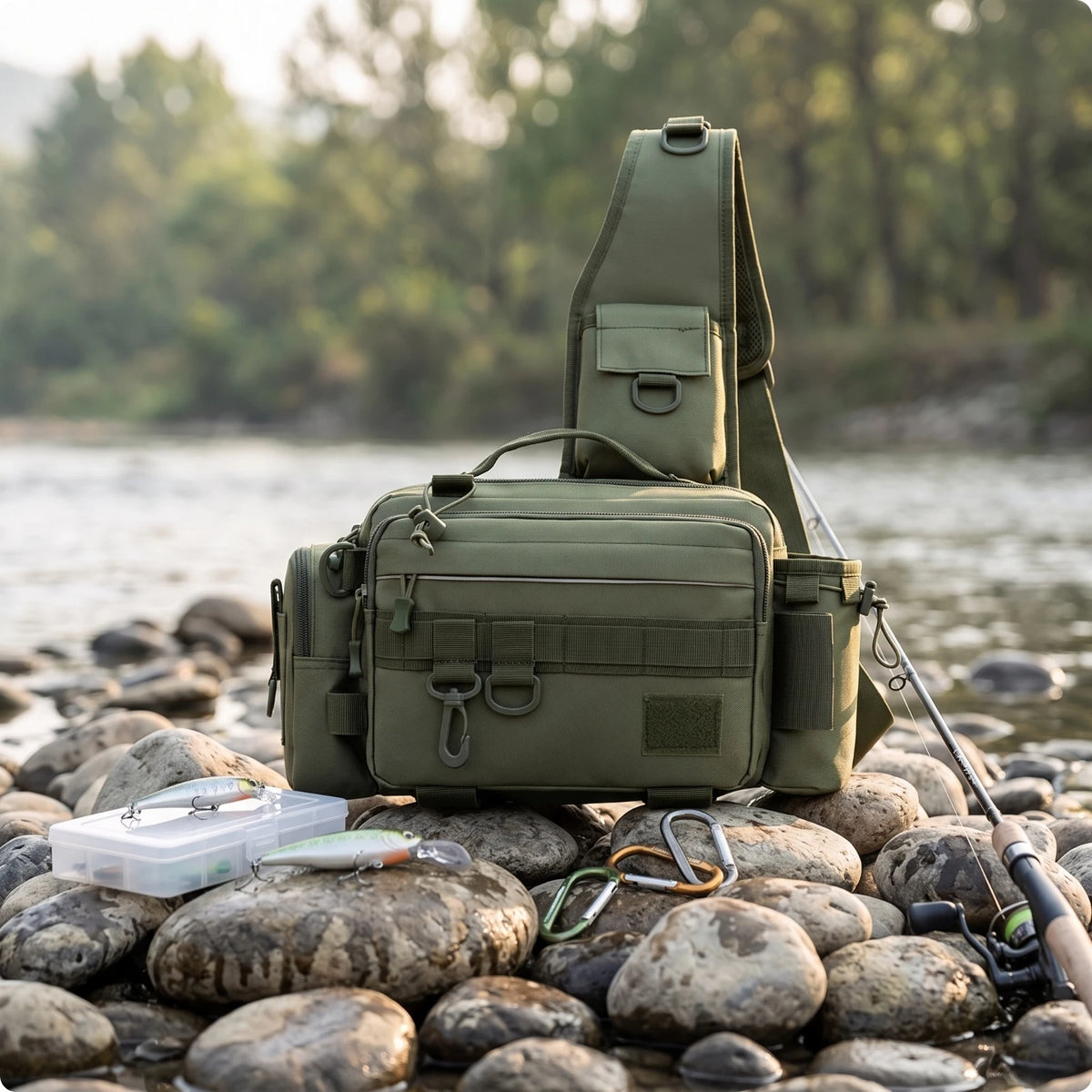 Fishing Waist Bag – Heavy-Duty Tackle Sling Pack Organizer Fishing Sling Pack PLUSH Army Green
