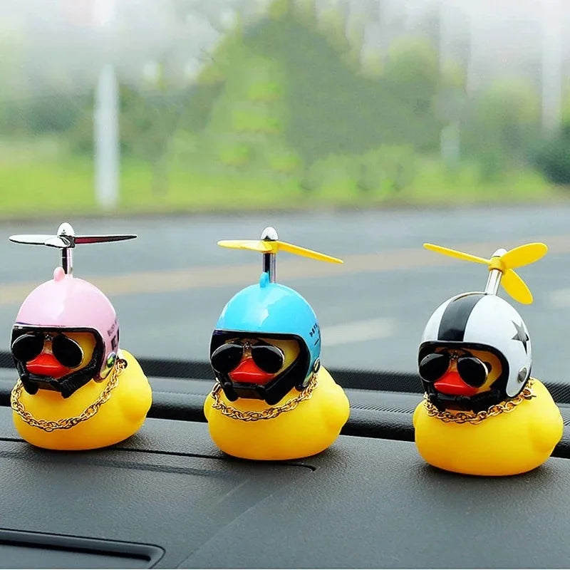 Cute Yellow Duck Car Decoration – Helmet Sunglasses Propeller Novelty Figurine PLUSH