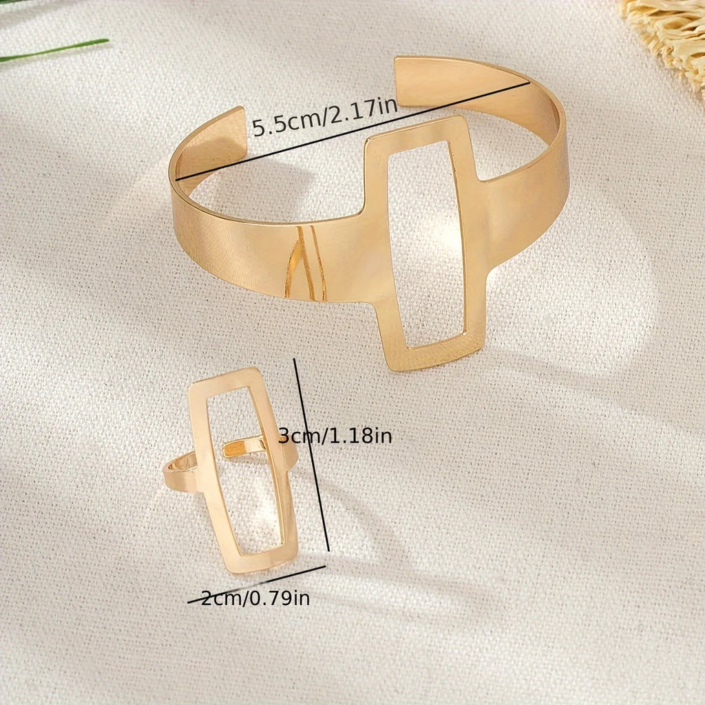 Geometric Hollowed Square Stainless Steel Ring & Bracelet Set Jewelry Set PLUSH