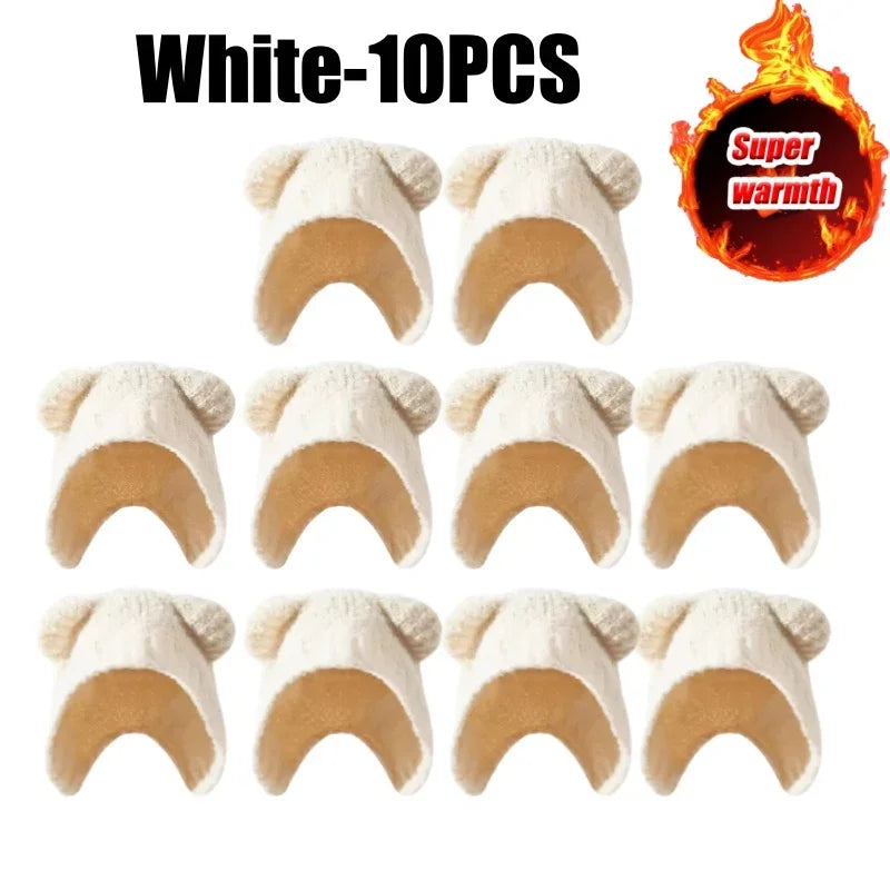 Women's Bear Ear Fleece Lined Knit Beanie – Korean Winter Hat Winter Knit Beanie PLUSH White-10PCS