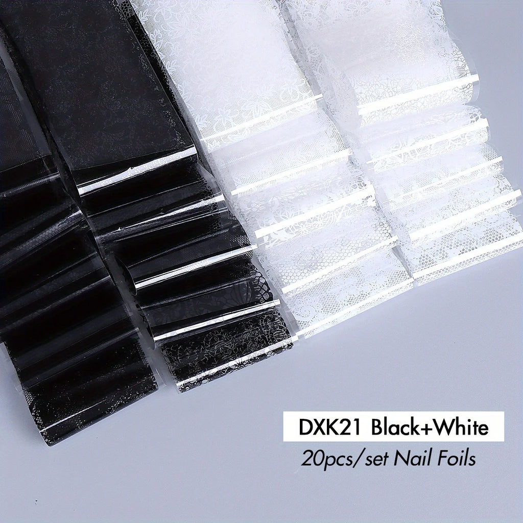 Black White Lace Floral Nail Transfer Foils 10/20pcs Nail Transfer Foils PLUSH DXK21 Black White